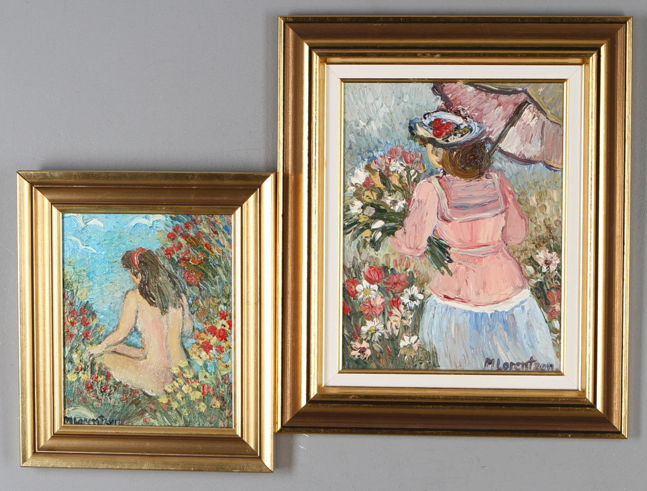 MONICA LORENTZON. 2 st, motiv med kvinnor, oljor, signerade.