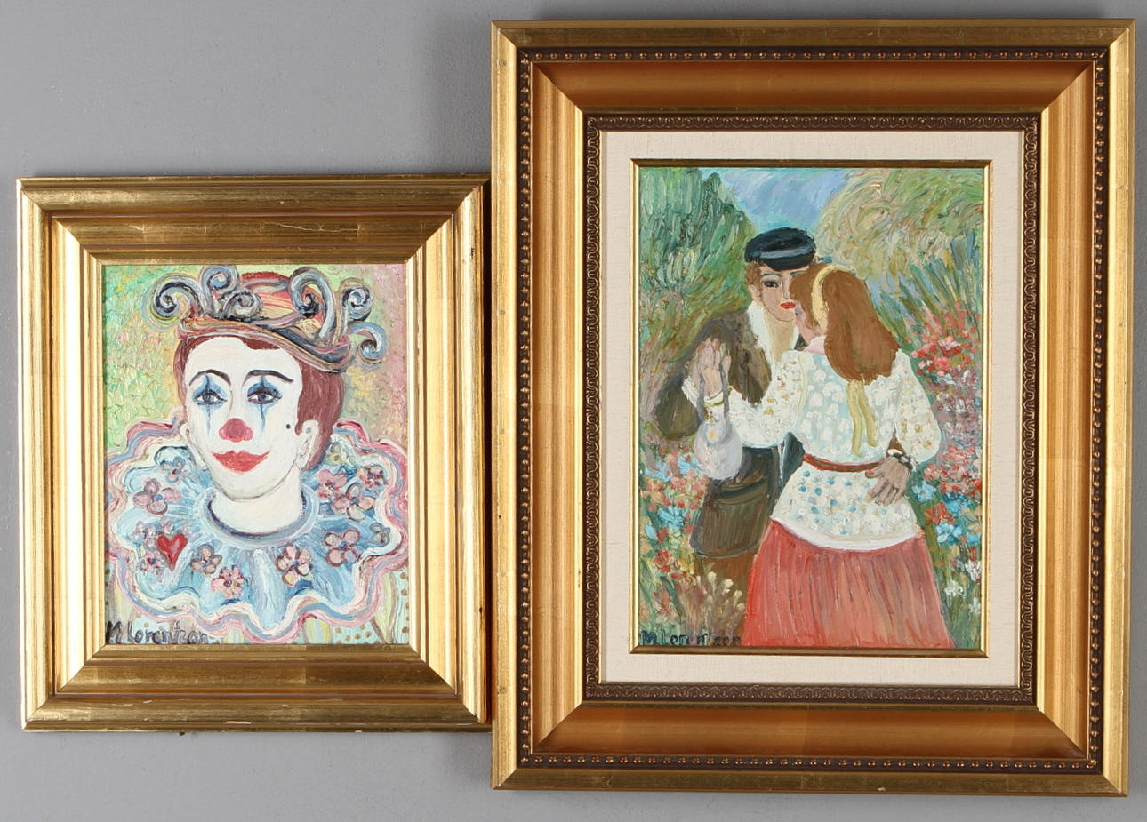 MONICA LORENTZON. 2 st. Clown samt Dansande par, oljor, signerade.