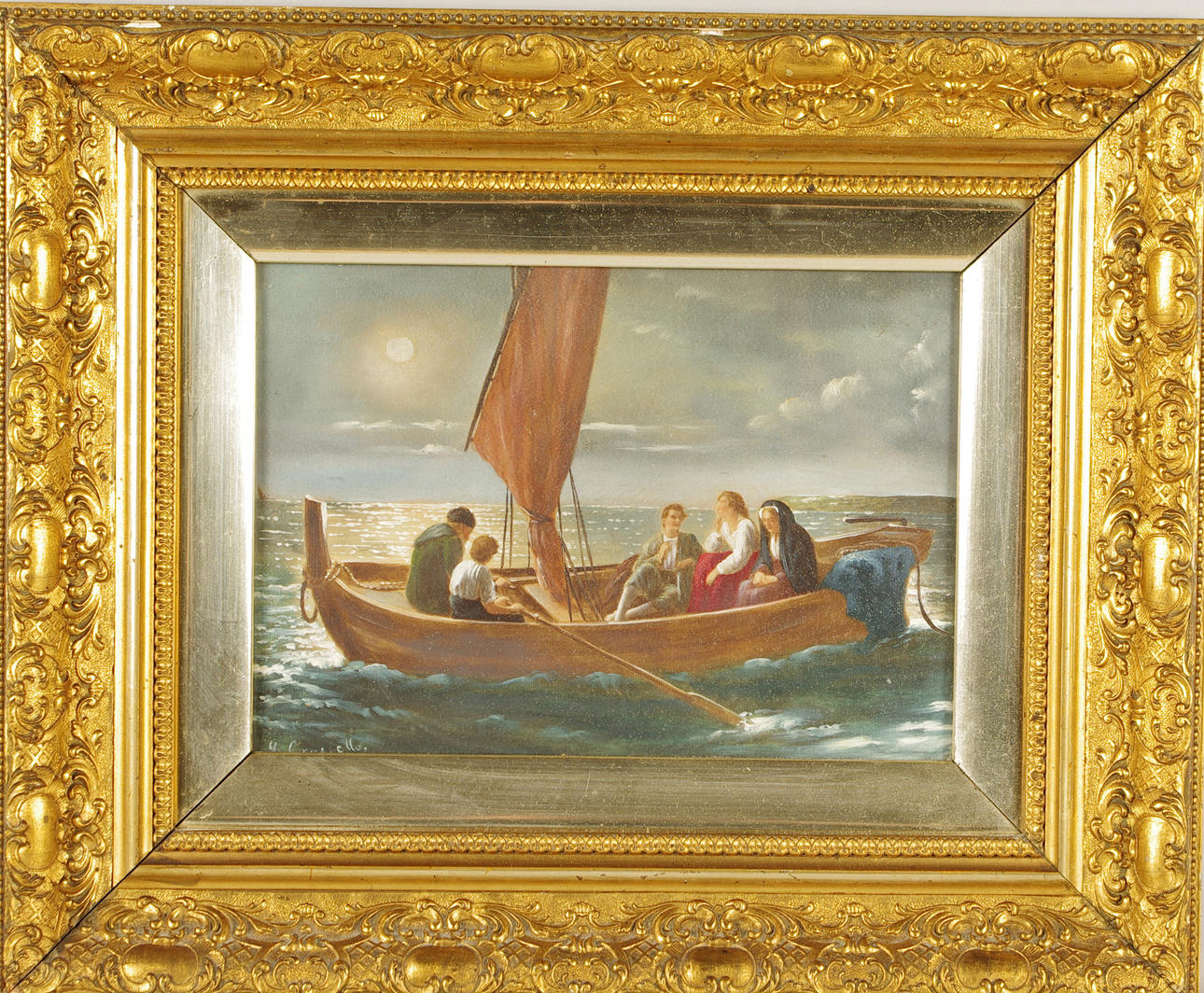 OKÄND KONSTNÄR. människor i segelbåt, blandteknik.