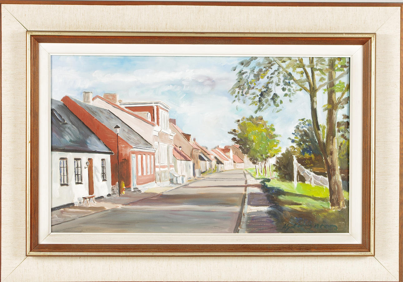 HJALMARSSON. bygata Borstahusen, olja på duk.