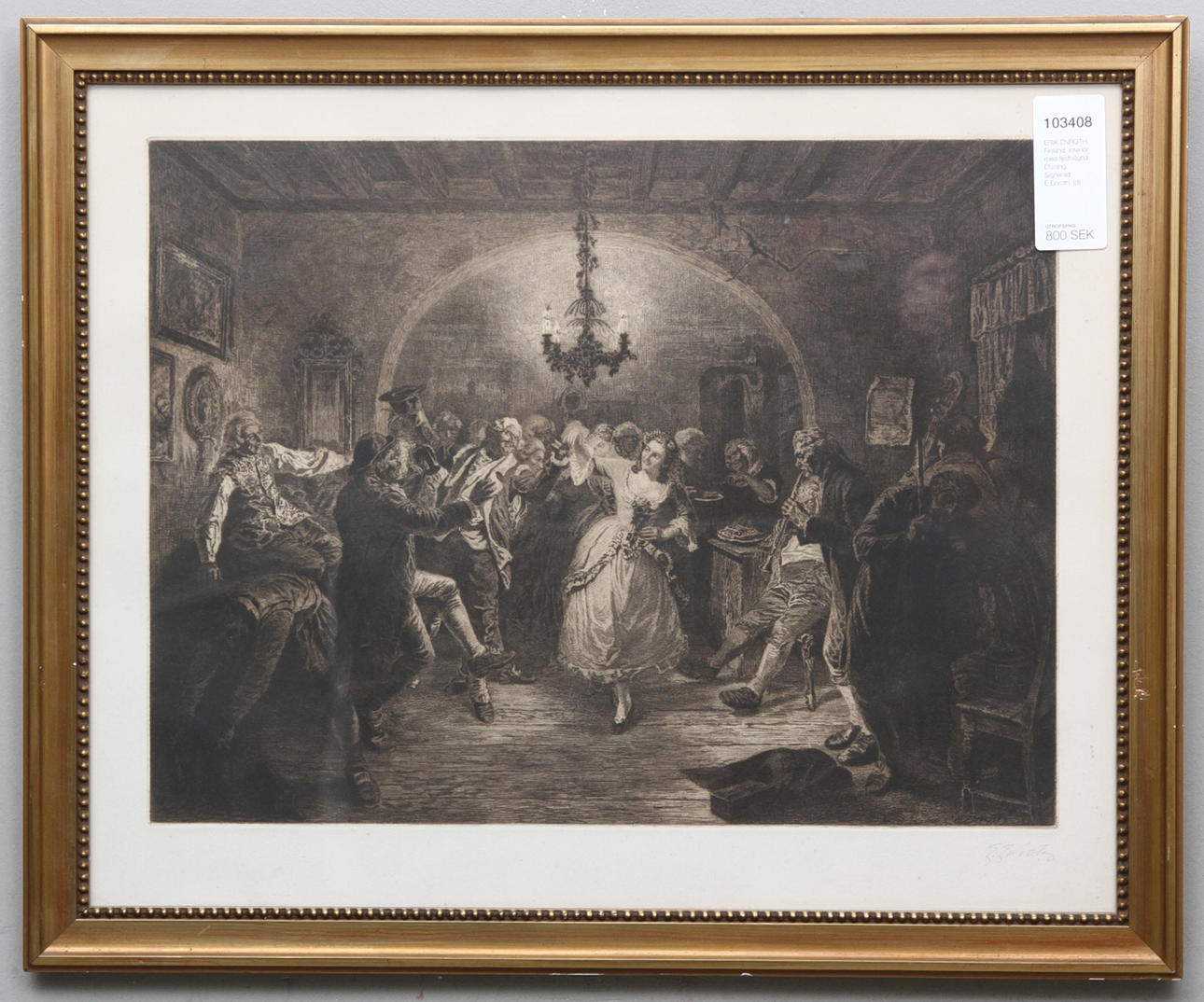 ERIK ENROTH. Finland. Interiör med festhögtid. Etsning. Signerad E.Enroth.