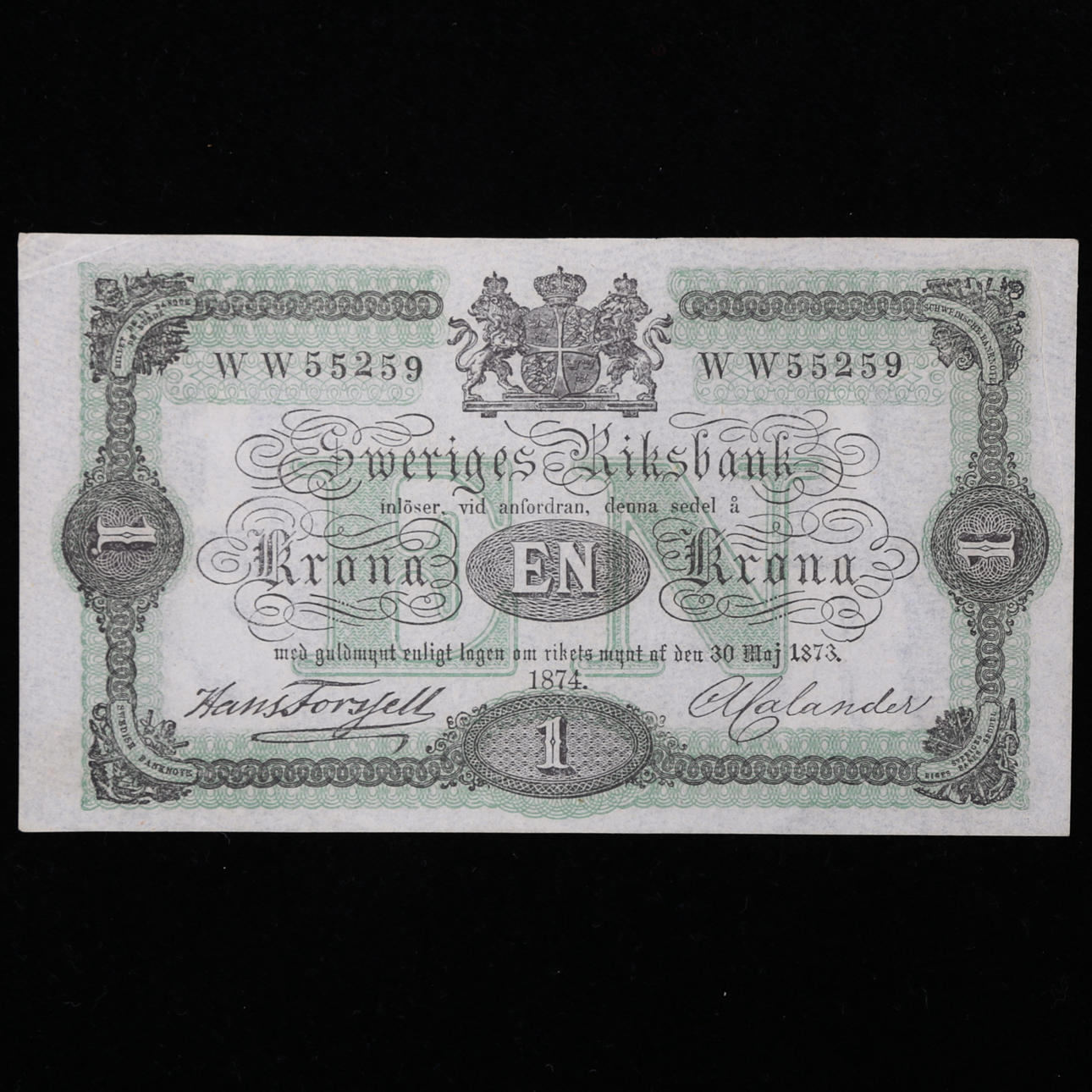 SEDEL, 1 krona, Sverige 1874.