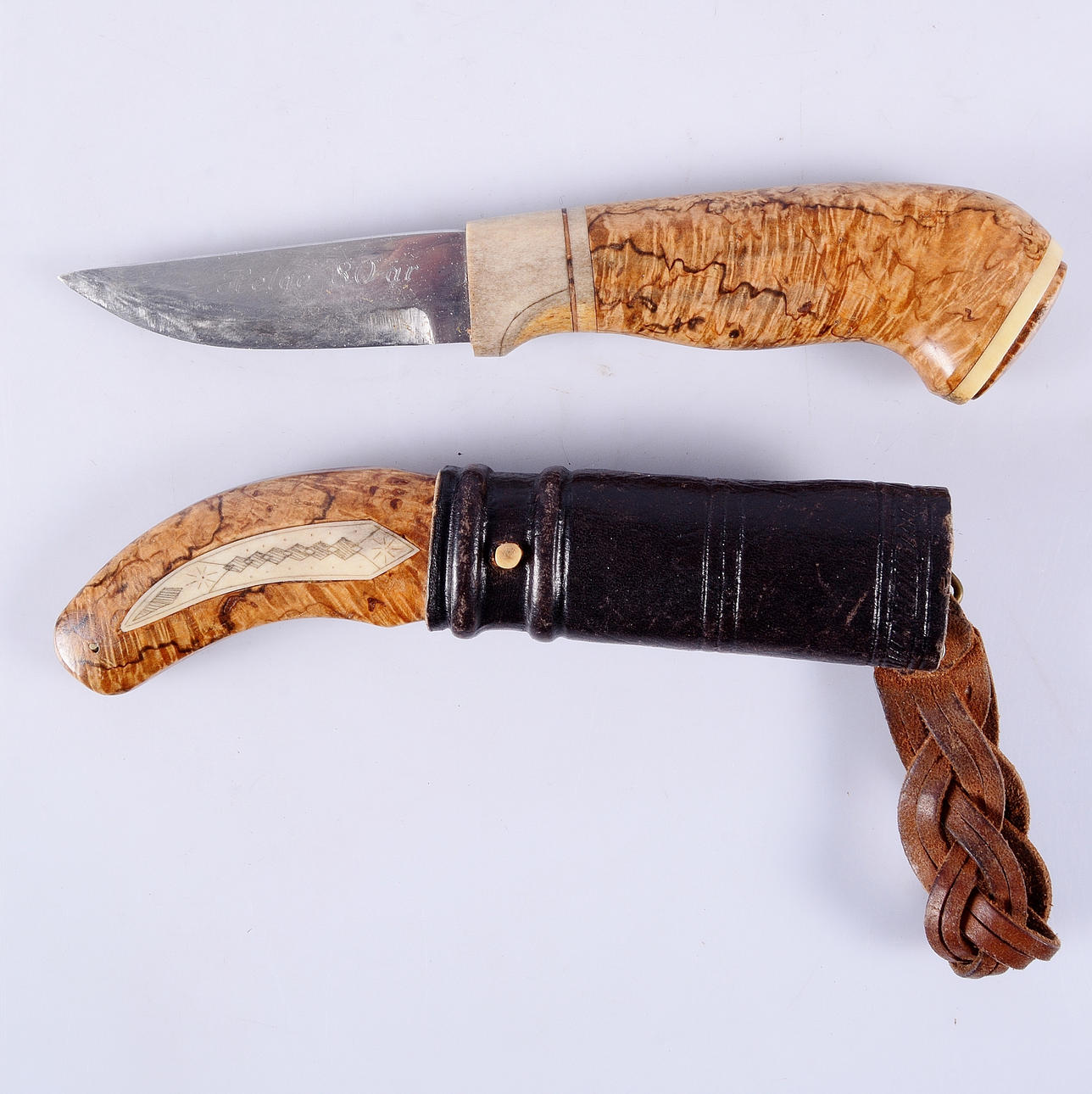 KNIFE, bone and birch, blade marked SB 1900s.