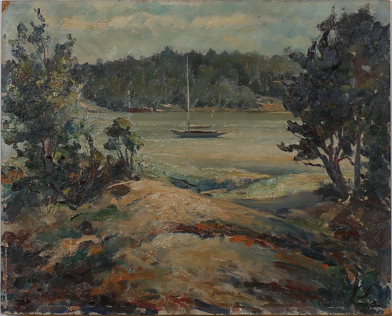 ERIK RUDESTAD. "Motljus" Långvik, Rummarö. Olja på pannå. Signerad Rudestad.