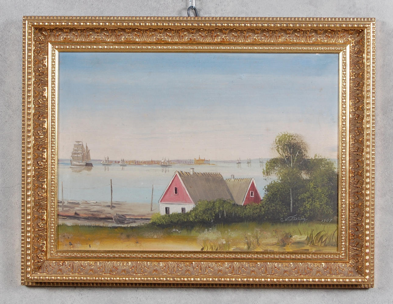 C WESTERLING. " Öresund med Kronborg "olja på pannå, signerad, daterad 1907.