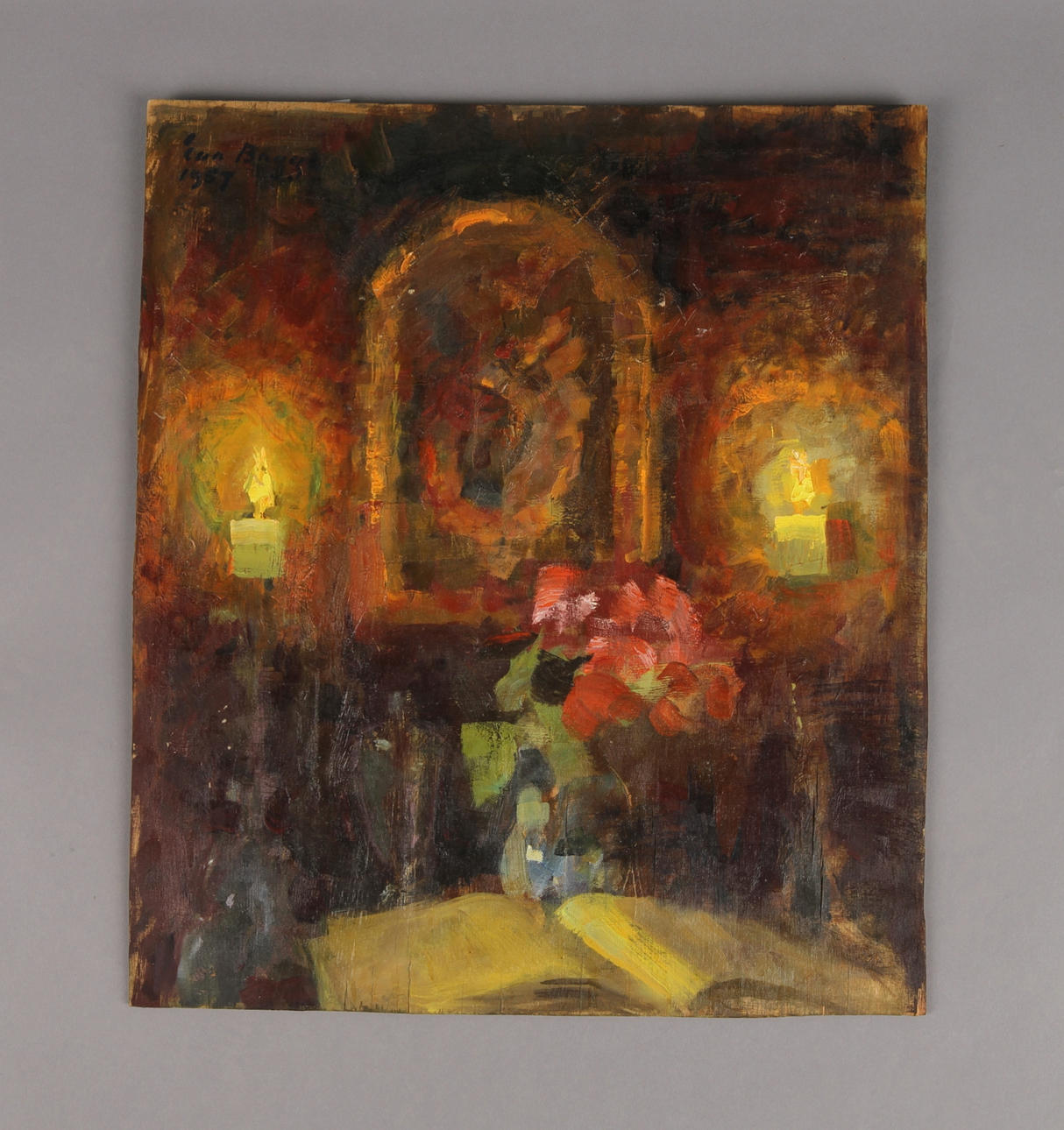 EVA BAGGE. "Madonna i ljussken", olja på pannå, signerad samt daterad 1957.