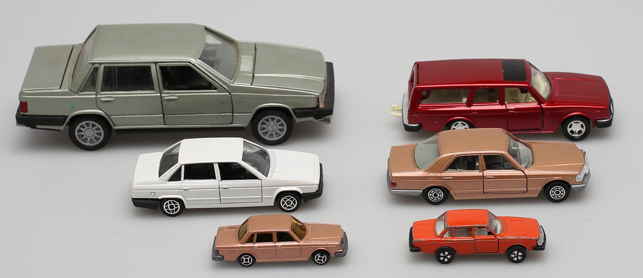 PARTI LEKSAKSBILAR (6). Bl a Volvo 760 GLE skala 1:25, Solido, Jet-Car, Matchbox etc.