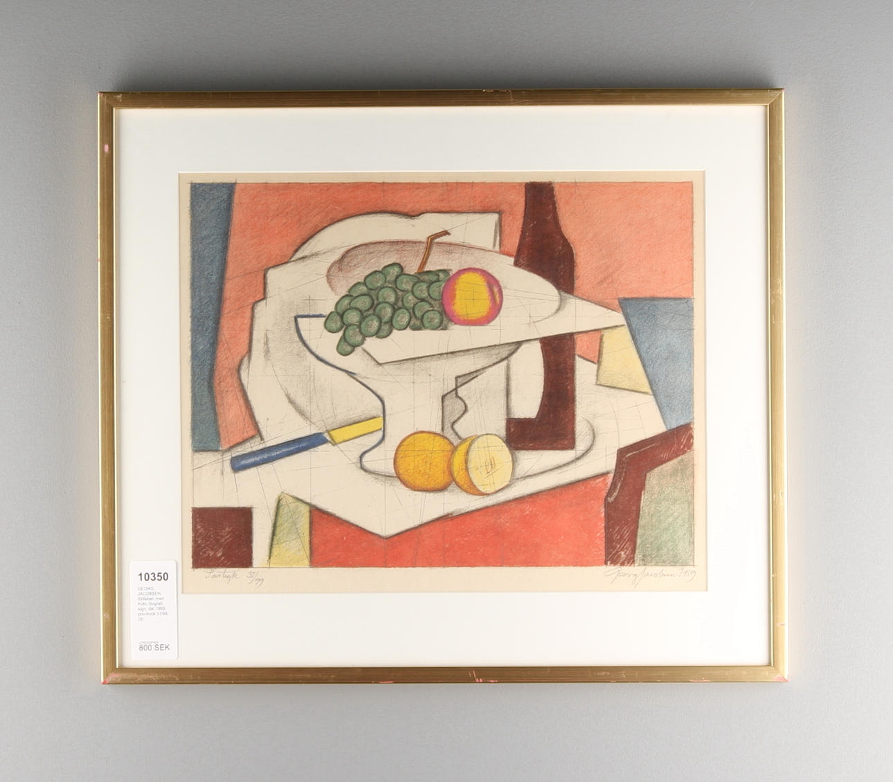 GEORG JACOBSEN. Stilleben med frukt, litografi, sign, dat 1959, provtryck 31/99.