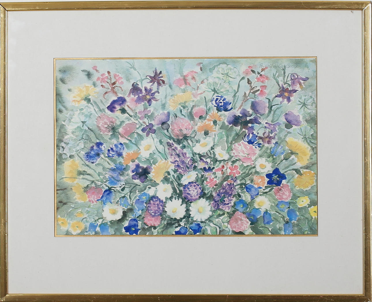 BRITTA DE LA COUR. Blomsterstilleben. Akvarell. Signerad.