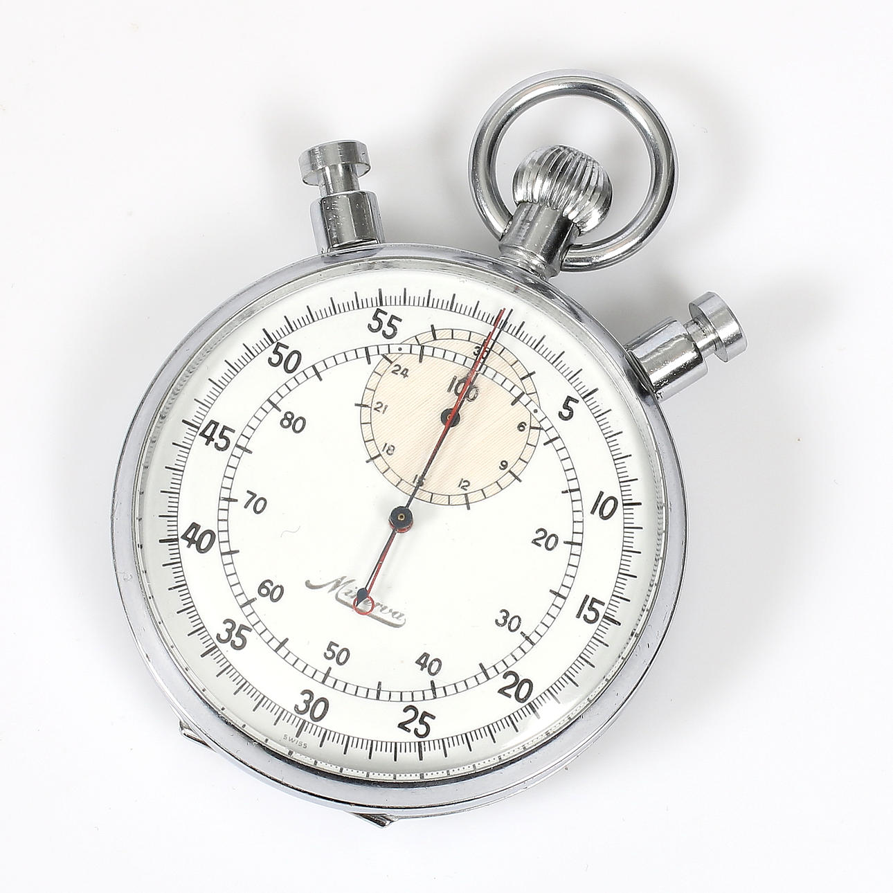 Stop watch, chrome, mechanical, "split second", Minerva Watch Co. Switzerland. 20th century news.