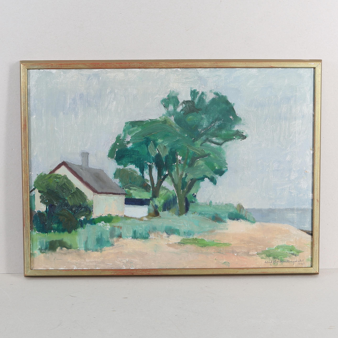 ASTRID HARMS-RINGDAHL. "House and tree by the sea", oil on canvas, signed and dated 1968.