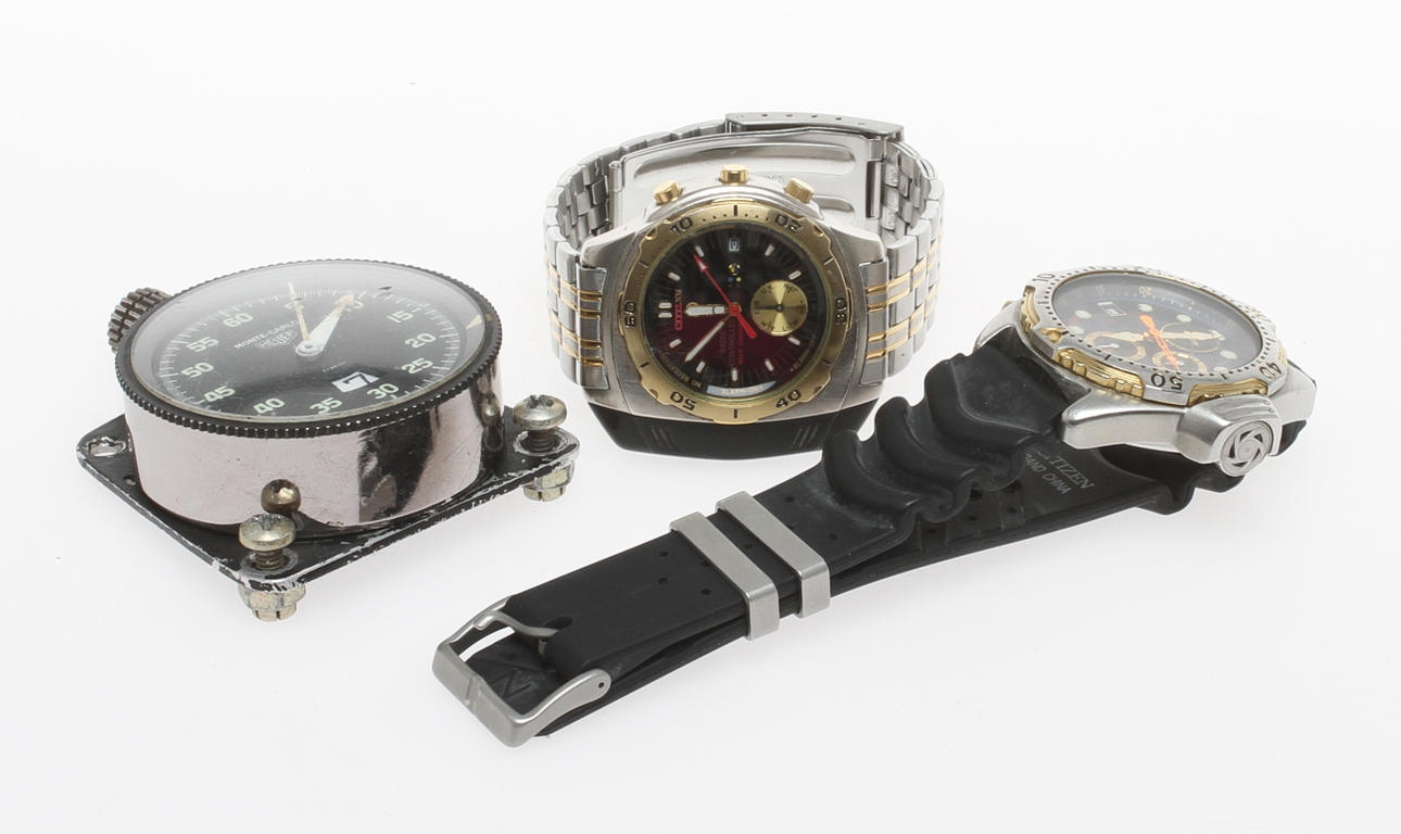 ARMBANDSUR, 2 st, Citizen samt STOPPUR, Monte-Carlo, Heuer, 1900-talets andra hälft.