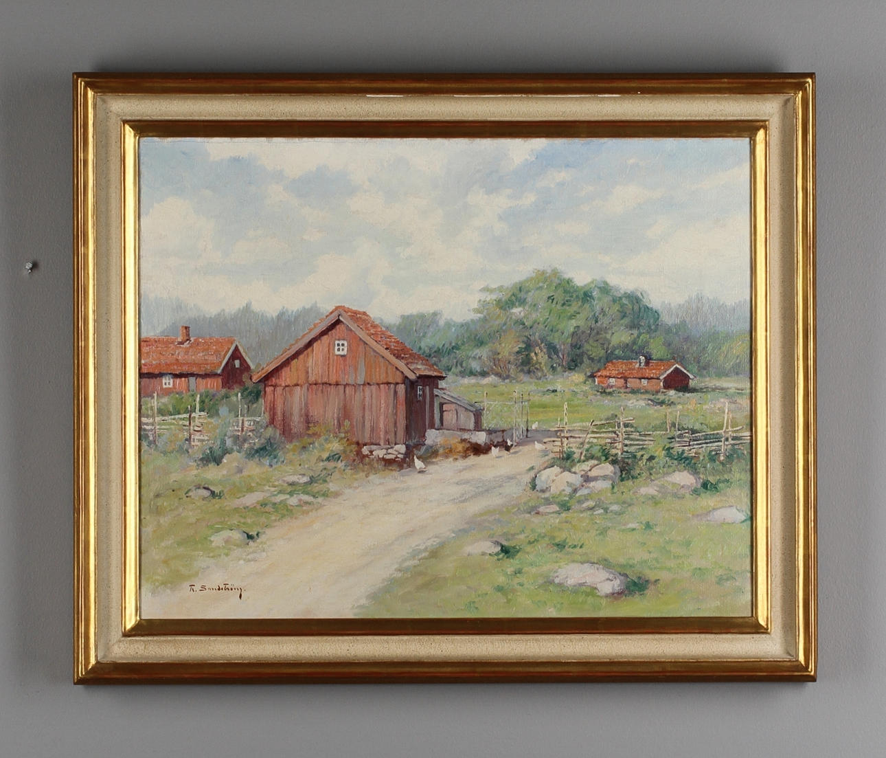 THERESIA SANDSTRÖM. Landskap med hus och pickande höns. Olja på duk. Signerad.