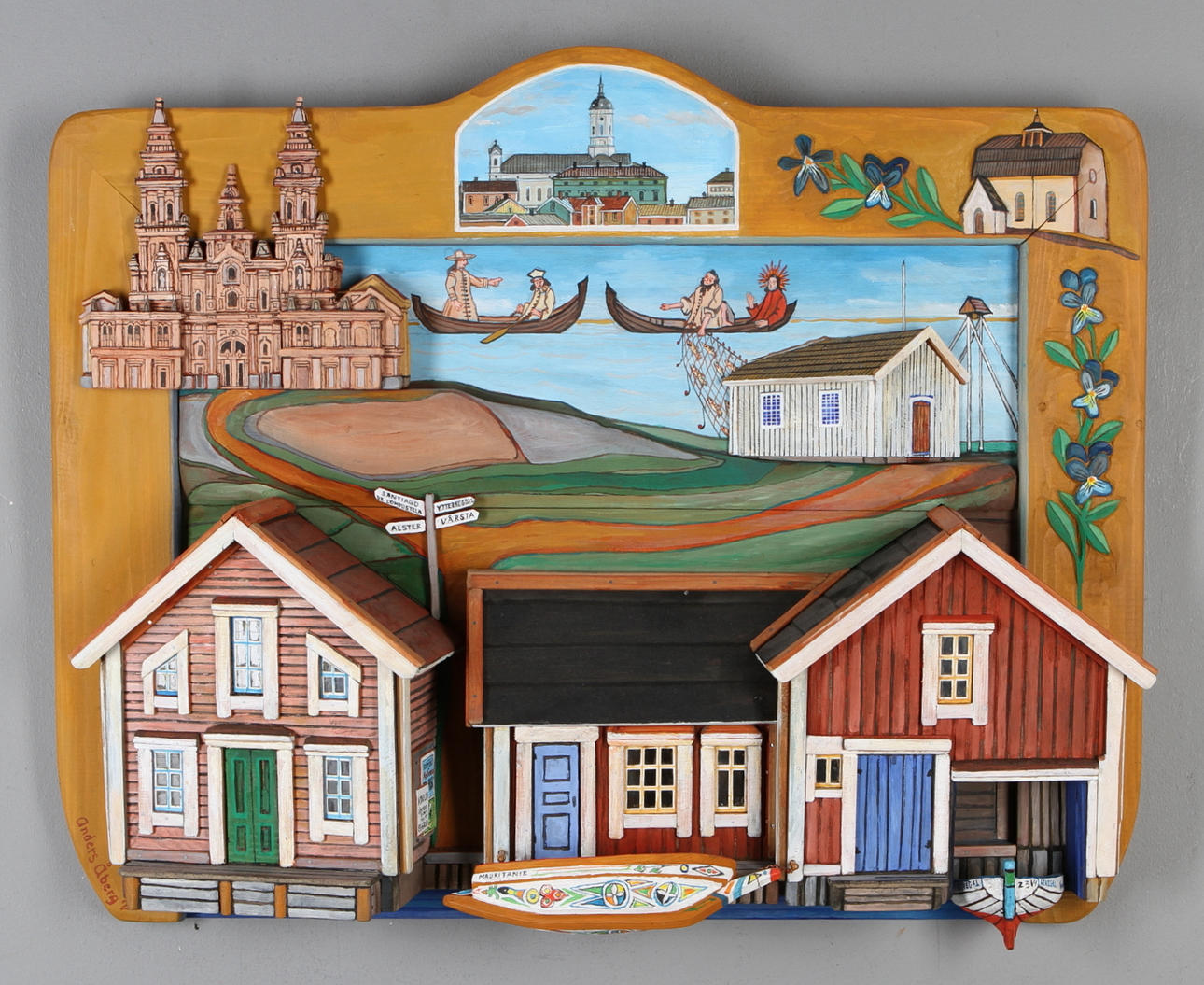 ANDERS ÅBERG. Väggskulptur, Motiv av kända landmärken, signerad.