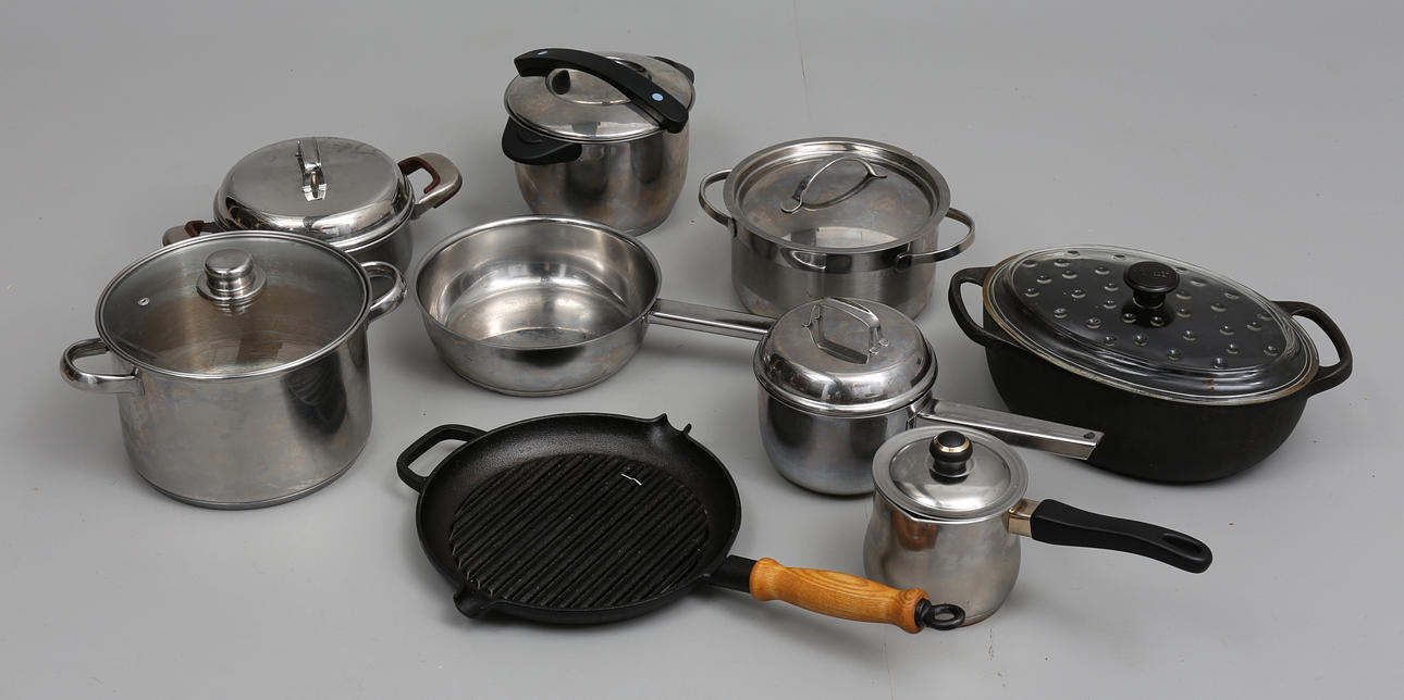 PARTI GRYTOR, gjutjärn, rostfritt, 9 delar.