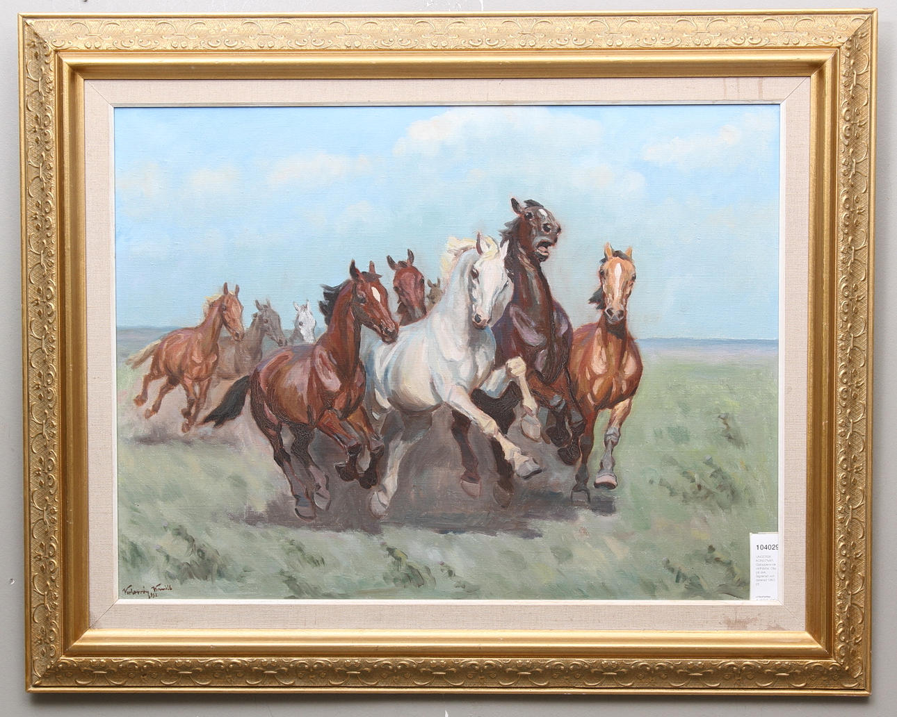 UNGERSK KONSTNÄR. Galopperande vildhästar. Olja på duk. Signerad och daterad 1963.