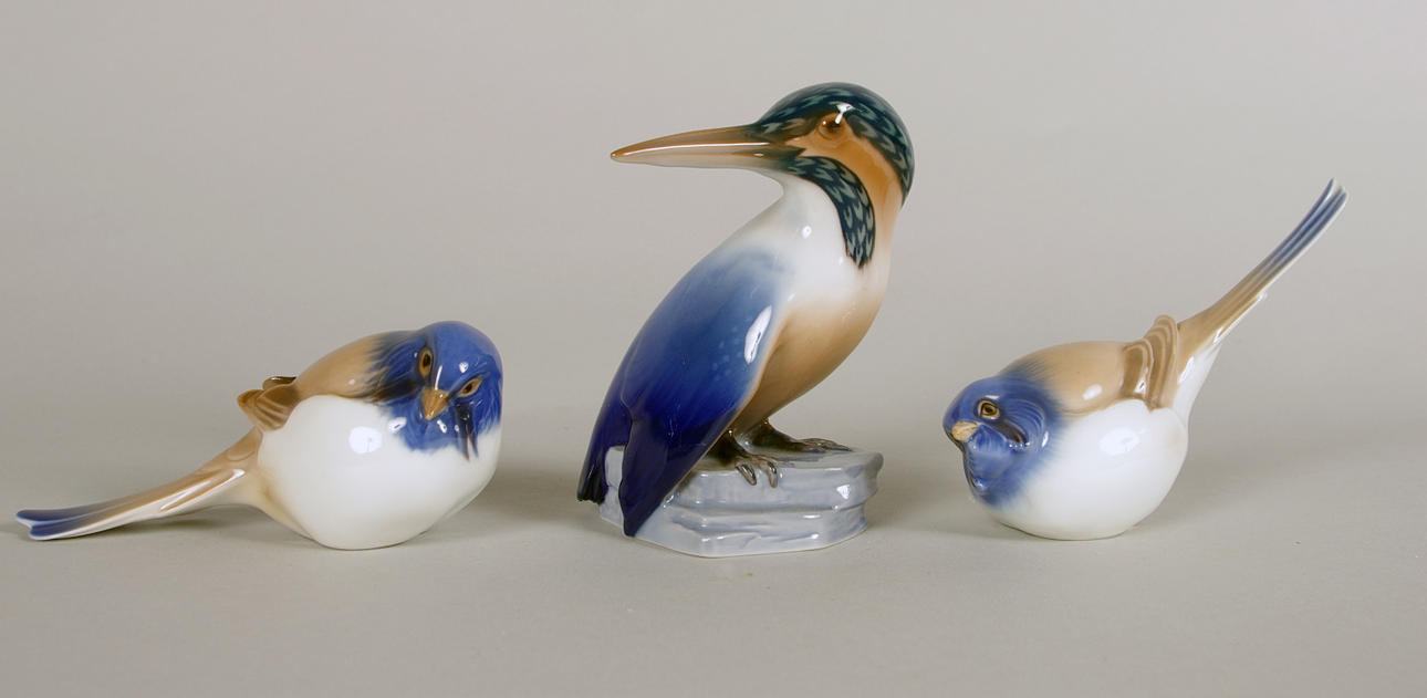 PORSLINSFIGURER, 3 stycken, fåglar, Bing & Gröndahl.