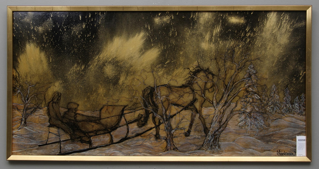 T. TORSTENSSON. Vinterlandskap med hästskjuts. Blandteknik på pannå. Signerad och daterad 73.