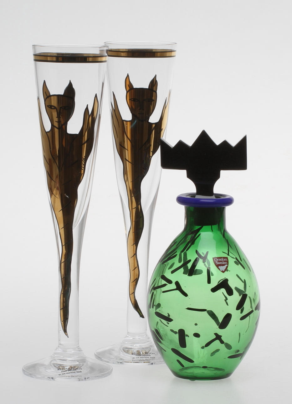 FLASKA med propp, Erika Lagerbielke, Orrefors, CHAMPAGNEGLAS, 2 st, Ulrika Hydman Vallien, Kosta Boda.