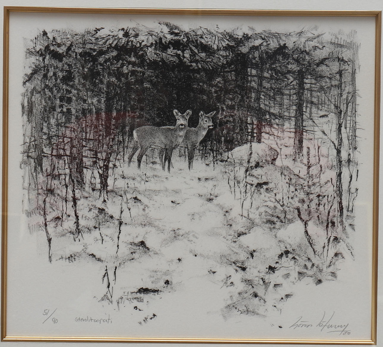 GÖRAN LÖFWING. stone lithograph, deer, signed, dated -00, numbered 51/90.