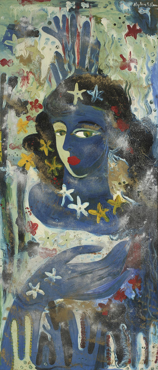 ALY BEN SALEM (1910-2001). Komposition med kvinna i förgrunden. Blandteknik på pannå.