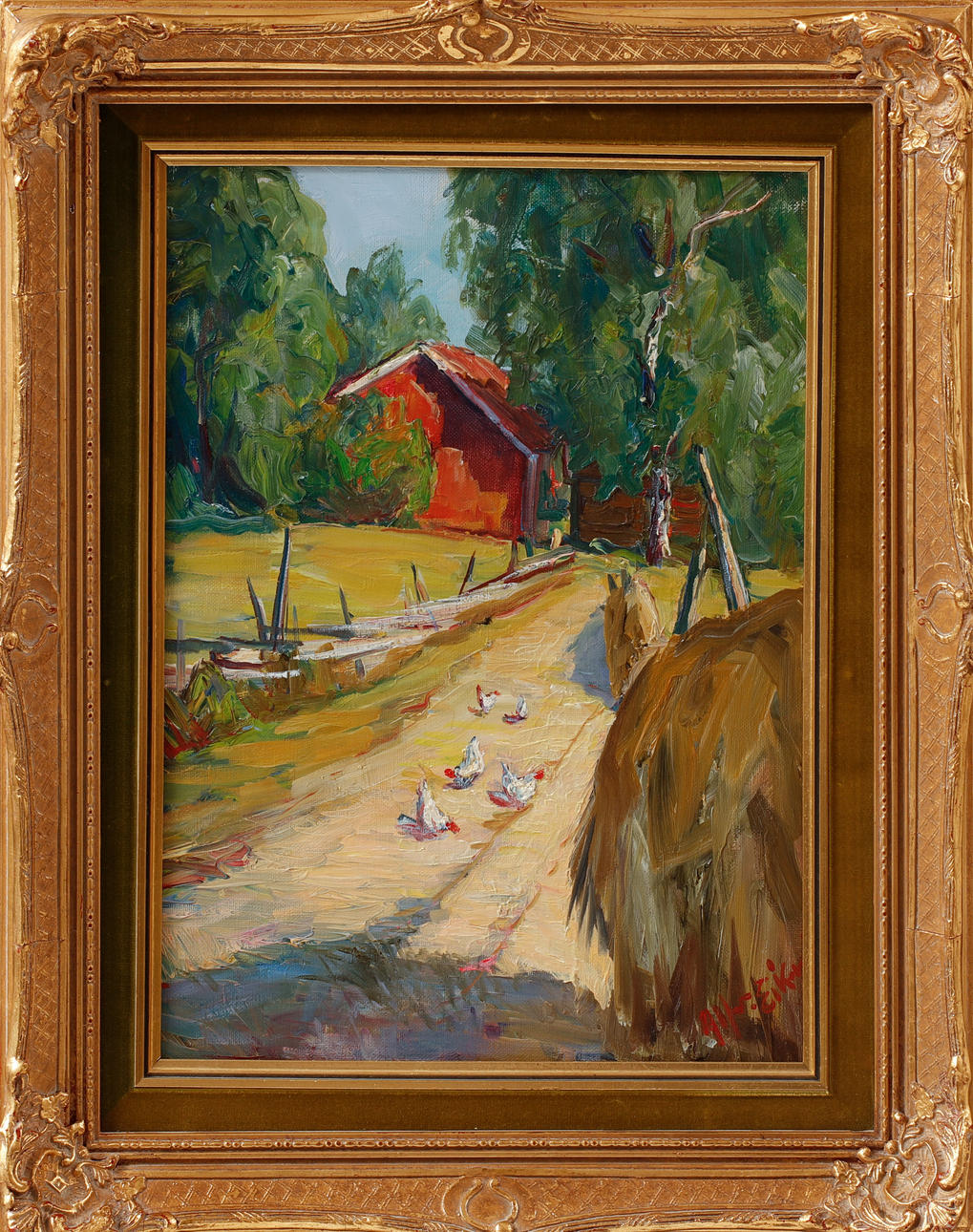 ALFRED EIKRI. Farm setting with chickens, oil on canvas, signed.