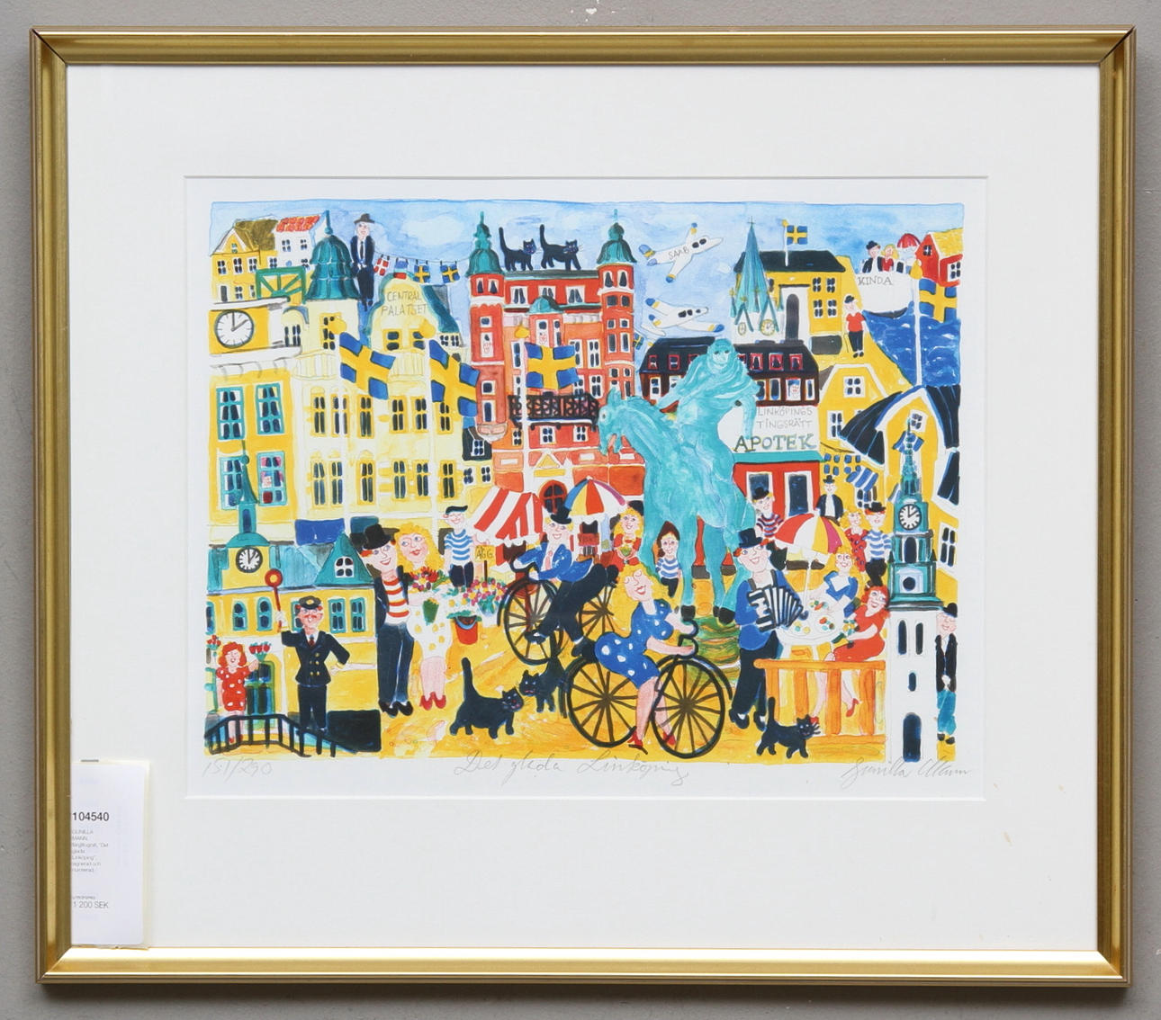 GUNILLA MANN. färglitografi, "Det glada Linköping", signerad och numrerad.