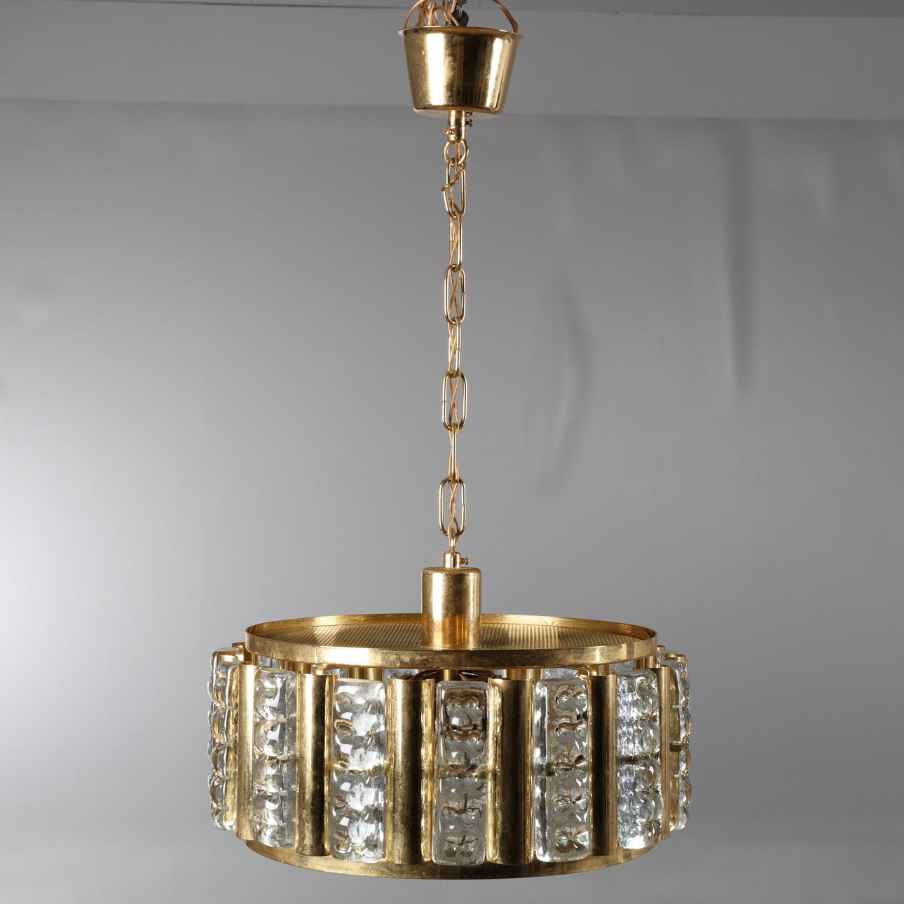 CEILING LAMP, glass & brass, 70s.