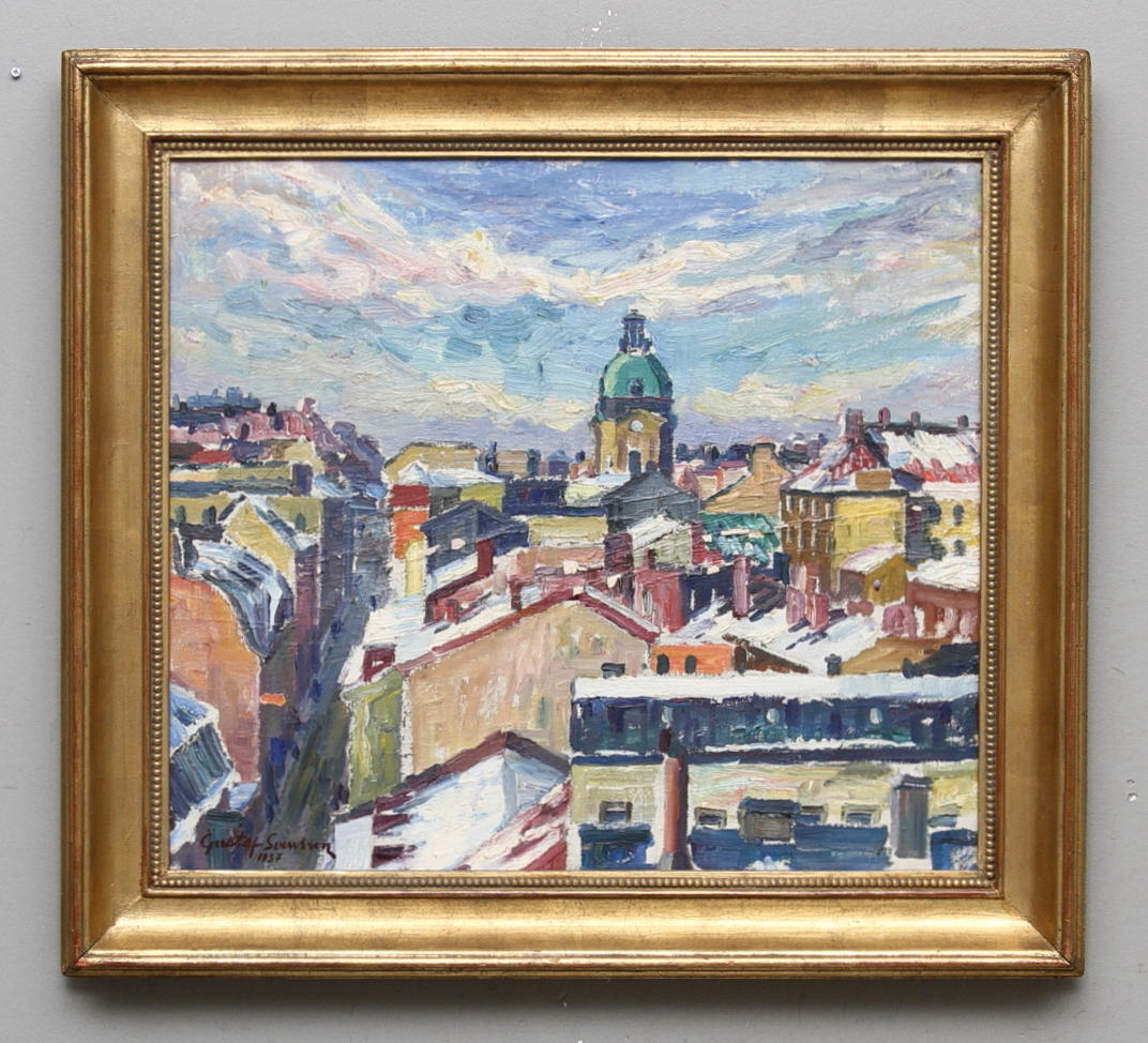 GUSTAF SVENSSON. "Adolf Fredriks Kyrka Stockholm". Olja på duk. Signerad och daterad 1937.