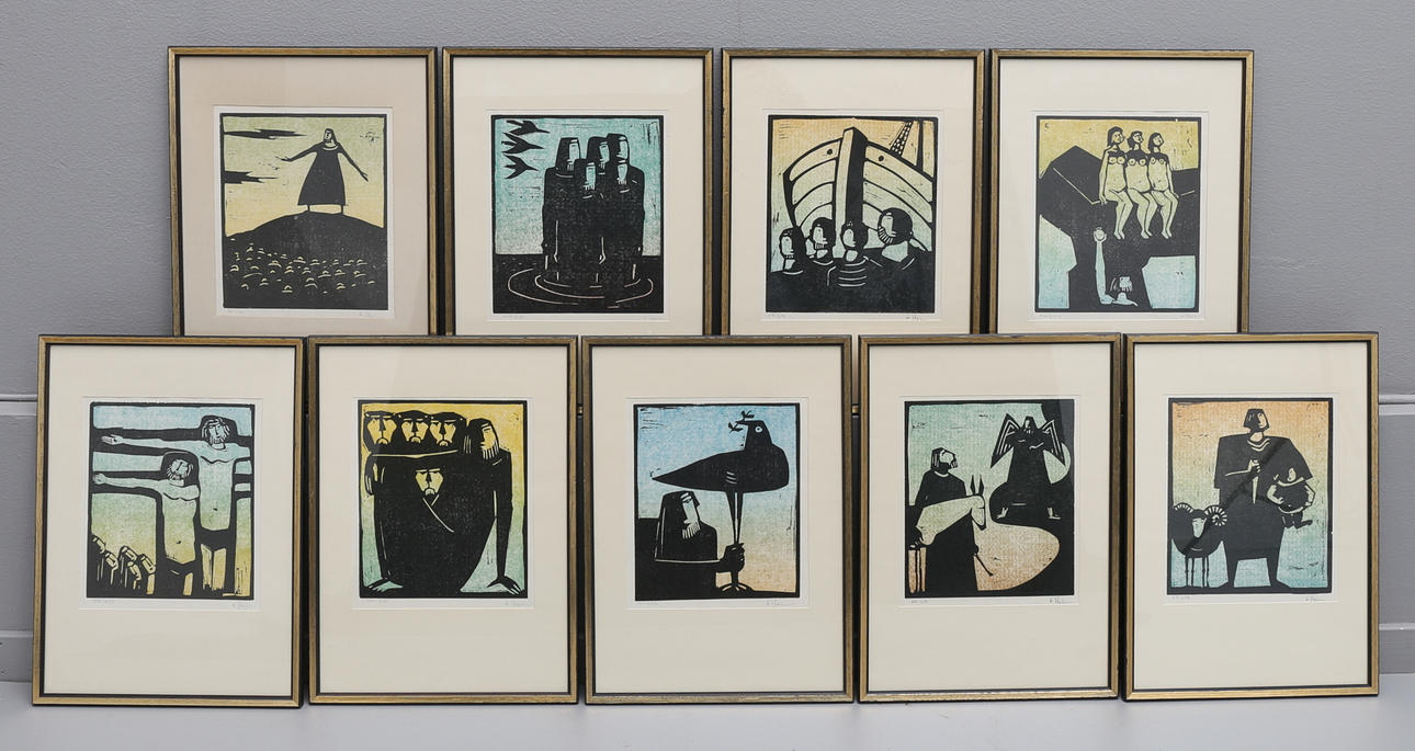 ÅKE HOLM. colored woodcuts, 9 pcs., signed. Art - Engravings