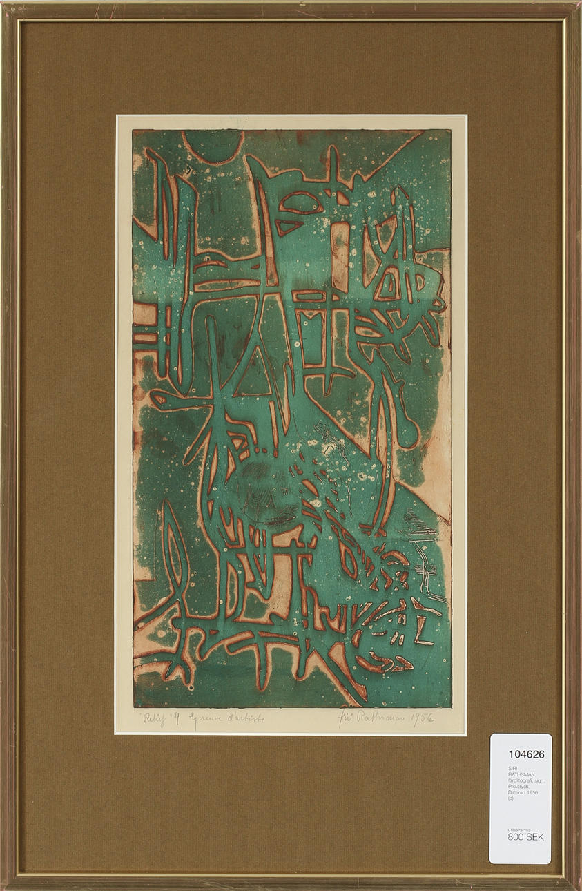 SIRI RATHSMAN. färglitografi, sign. Provtryck. Daterad 1956.