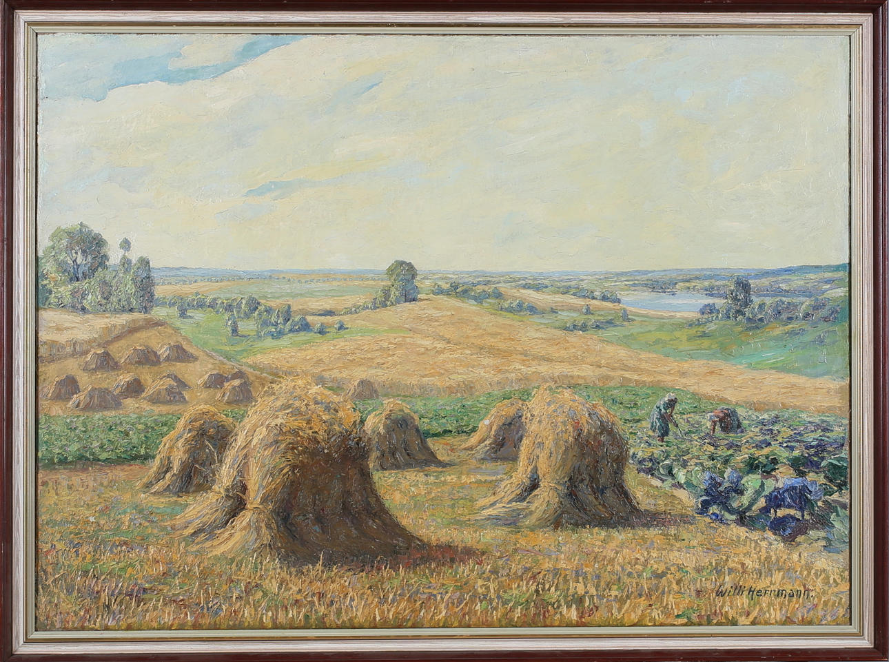 WILLI HERRMANN. Harvesters in fields, oil on canvas, signed.