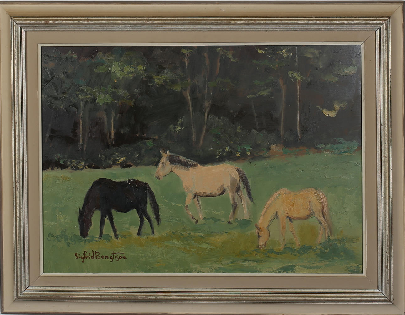 SIGFRID BENGTSSON. "Hästar vid skogsbrynet". Olja på pannå. Signerad.