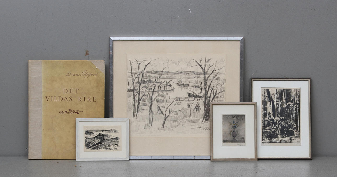 PARTI TAVLOR samt BOK, 5 delar. Olika motiv. grafik samt tuschteckning.