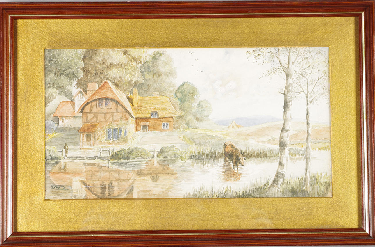 S. WATTS. Landskap med ko, akvarell.