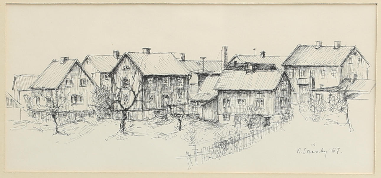 KURT SÖRENBY. "From Mönsterås towards the square". Charcoal pen, signed and dated -67.