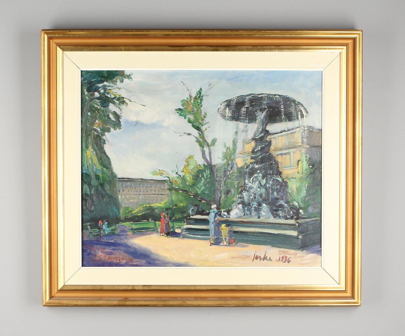 ERIK JERKEN. Stockholmsmotiv, Molins fontän. Olja på duk. Signerad samt daterad 1936.