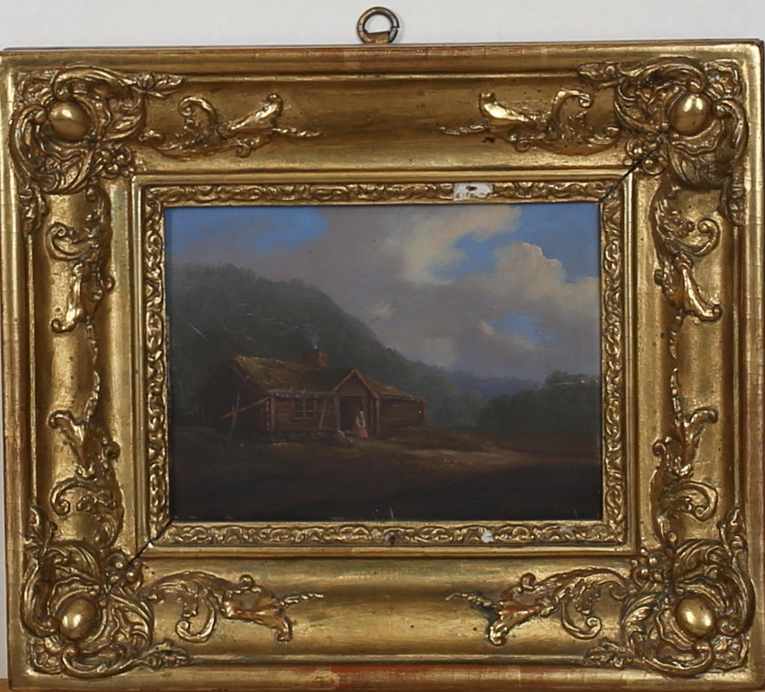 OIDENTIFIERAD KONSTNÄR. Kvinna vid dörr. Olja på träpannå. Signerad J B och daterad 1898.