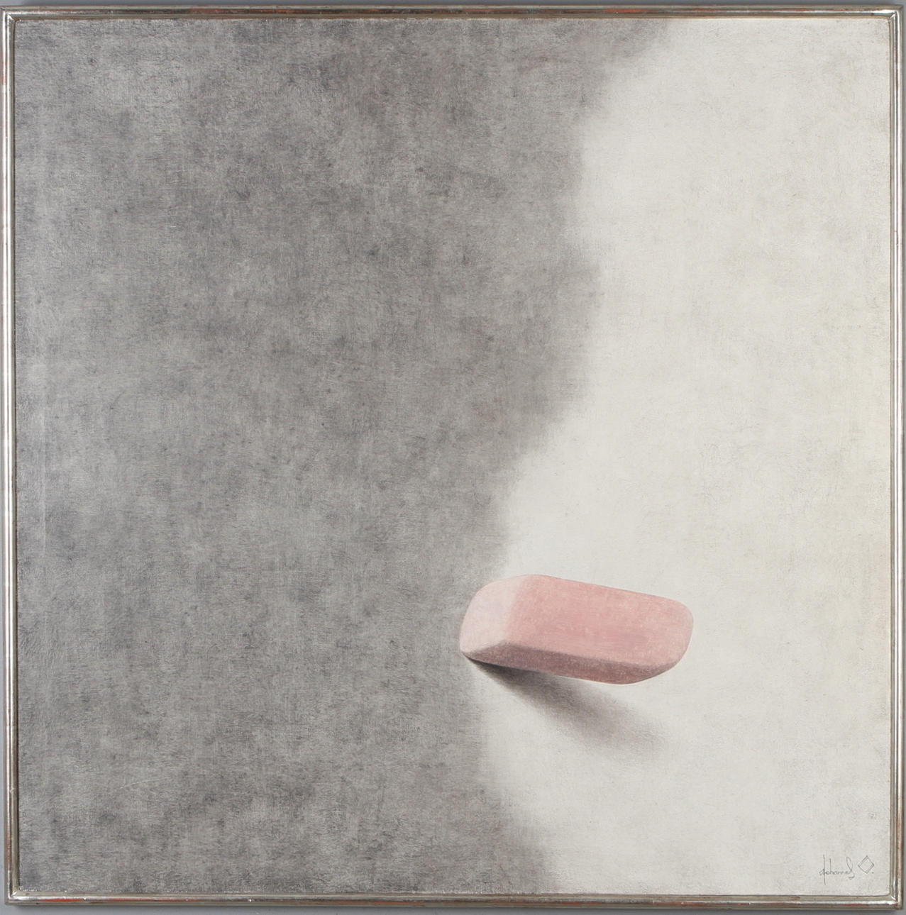 JOHANNES OLSSON. Komposition med radergummi, olja på duk, signerad.