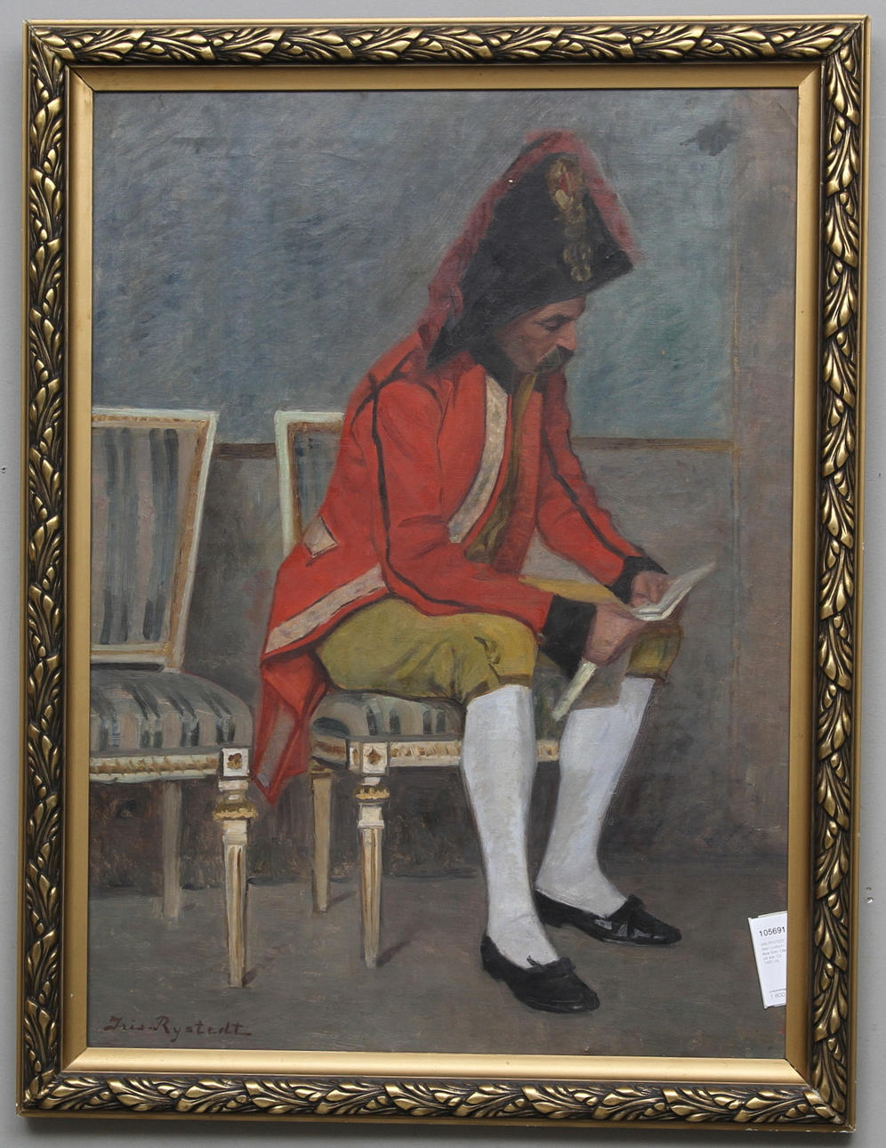 IRIS RYSTEDT. Man i uniform läser brev. Olja på duk. Ca 1900.