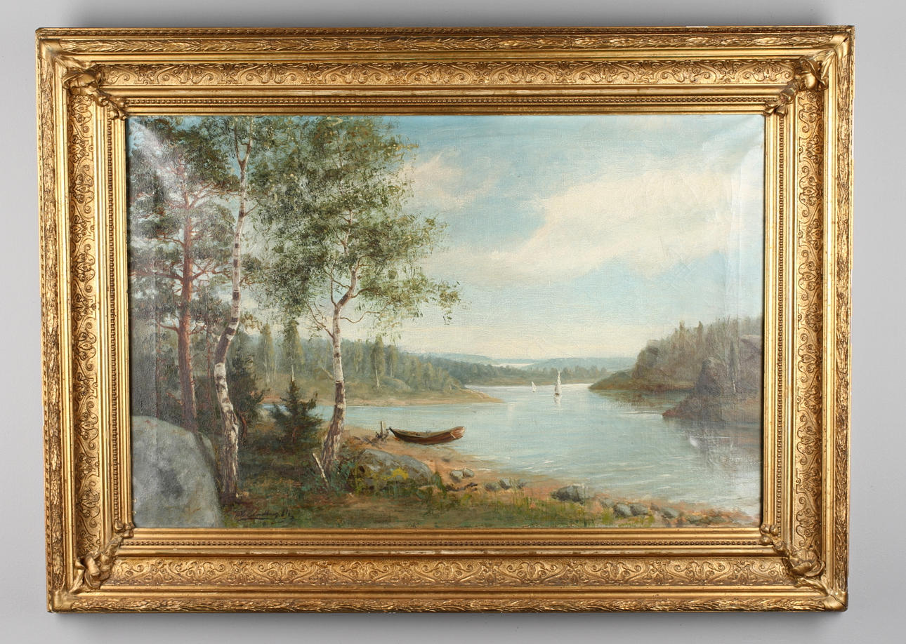 OKÄND KONSTNÄR. Insjölandskap, olja på duk, otydlig signatur, 1800-tal.