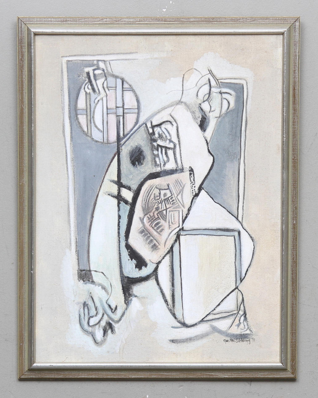 CLAES-ÅKE SCHLÖNZIG. Komposition i grått och lila. Olja på duk uppklistrad på pannå, signerad och daterad -71.