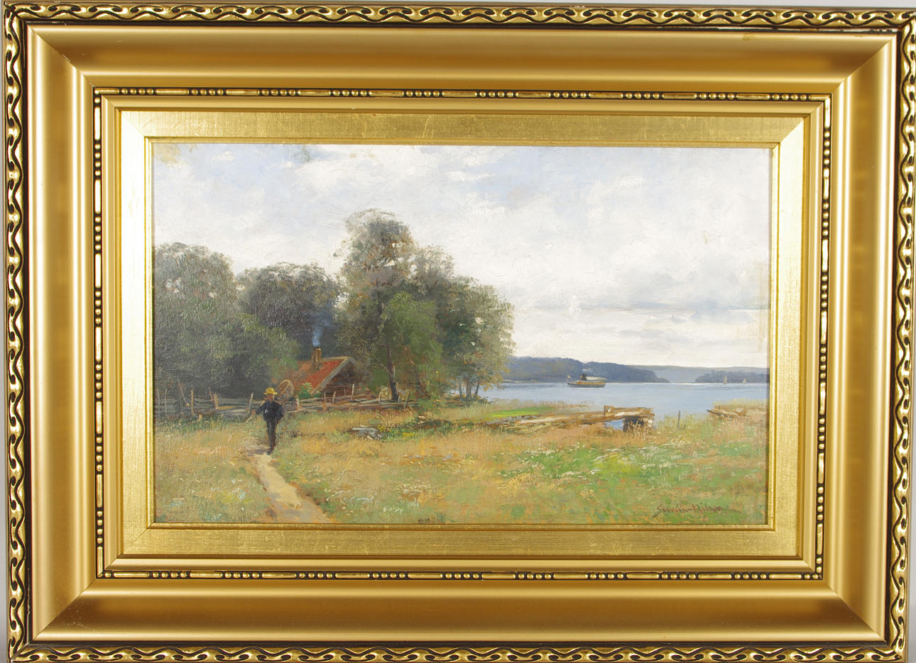 SEVERIN NILSON. sjölandskap med man, olja på pannå.