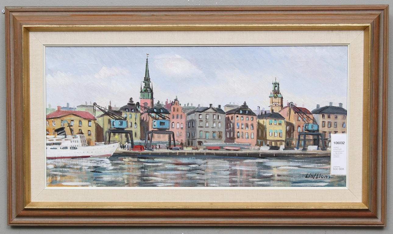 OKÄND KONSTNÄR. Stockholmsmotiv, Olja på duk. Signerad Lindblom.