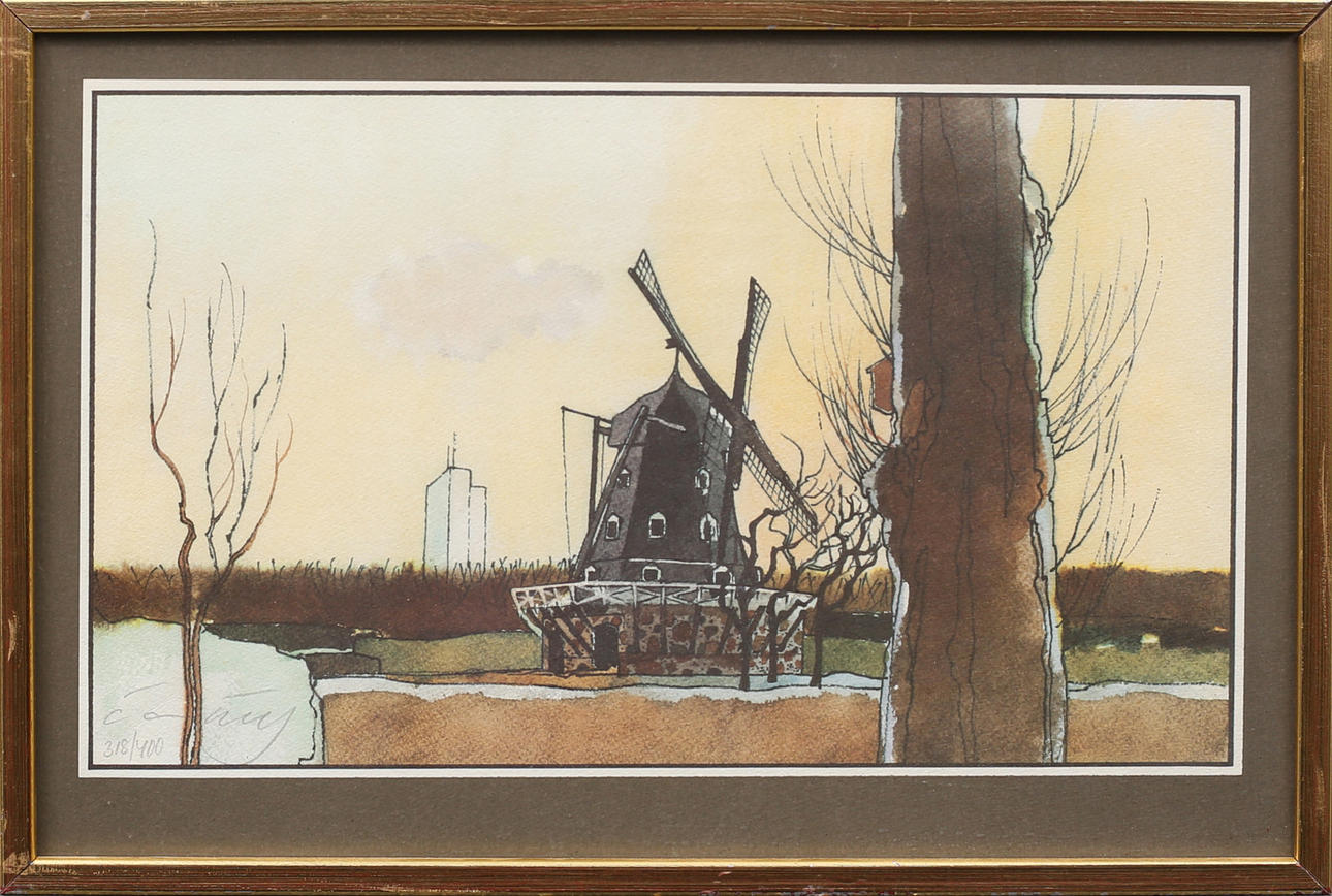 ÅKE ARENHILL. Color lithograph, Malmö view, numbered 318/400, signed.