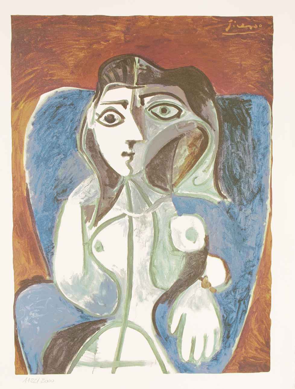 PABLO PICASSO. EFTER. Kvinna i blå fåtölj, färgreproduktion.