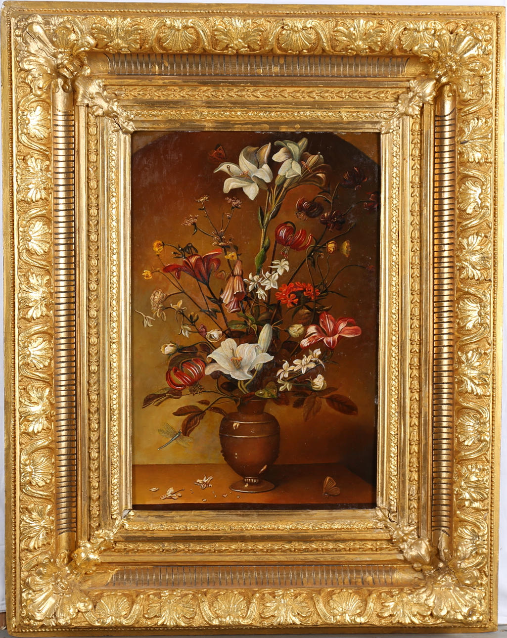 OIDENTIFIERAD KONSTNÄR. Stilleben med blommor och insekter. Olja på pannå, osignerad. 1800-tal, möjligen Danmark.