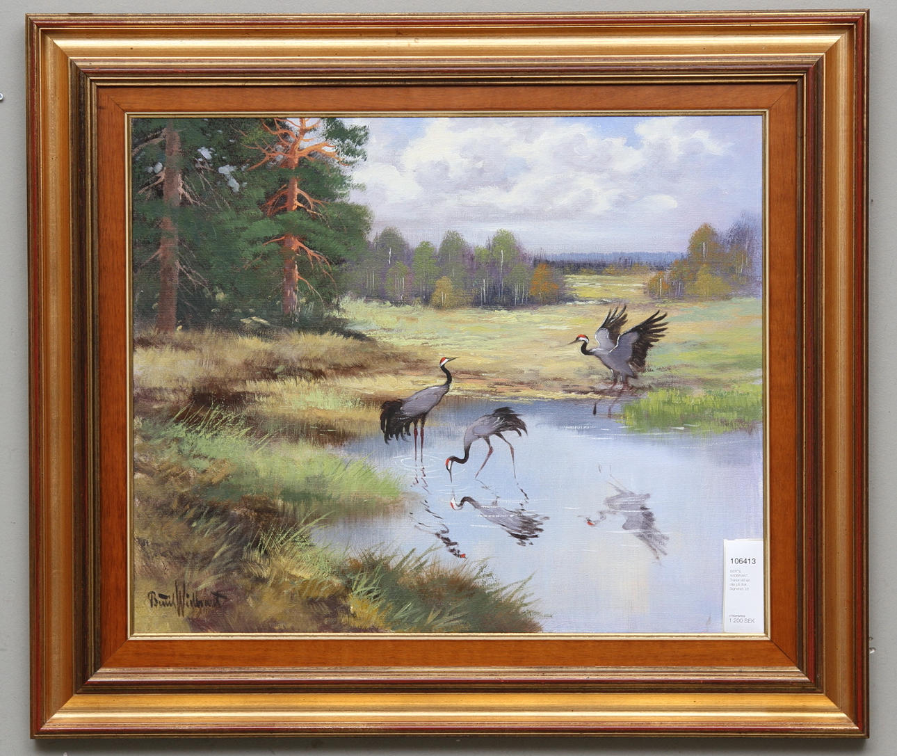 BERTIL WIDBRANT. Tranor vid sjö, olja på duk. Signerad.