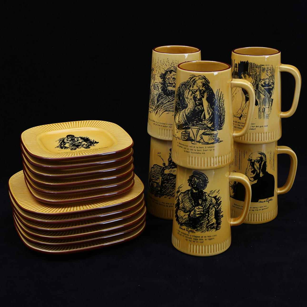 SERVIS, 18 pieces, ceramic, Albert Engström motif, Knabstrup, Denmark.