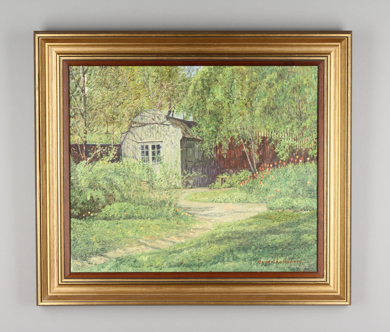 EUGEN HOLMBERG. "Det gamla lusthuset - Malmgårdsvägen 55", olja på duk, signerad.